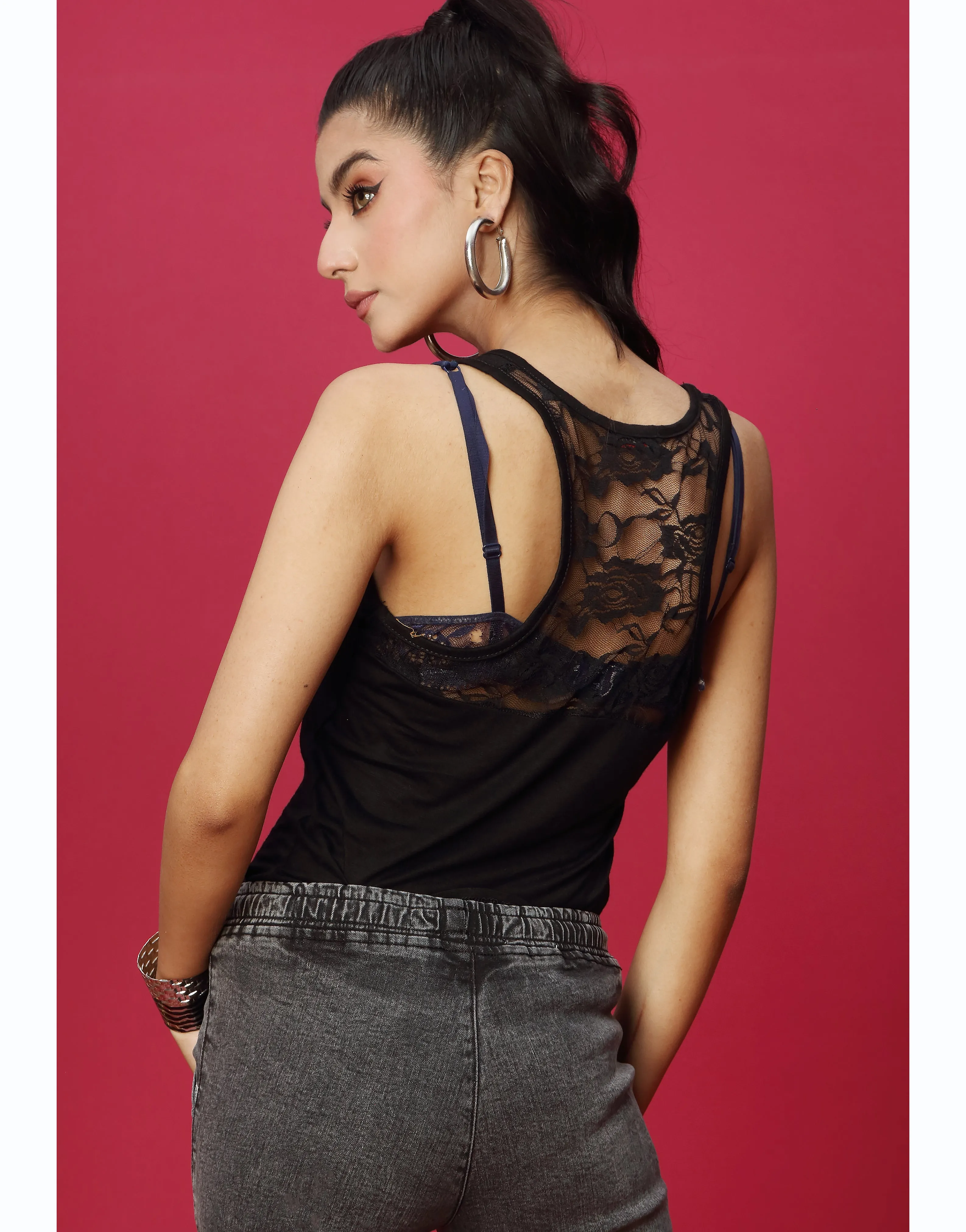 Racer back Lace Tank Top - Black