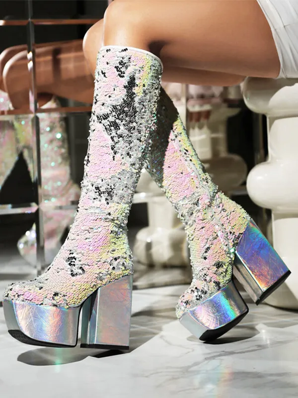 Sequin Knee High Boots Women's Platform Chunky Heel Party Boots