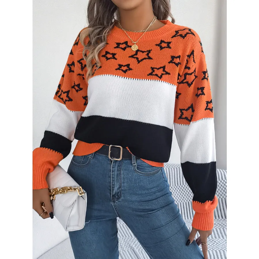 Star Contrast Round Neck Sweater