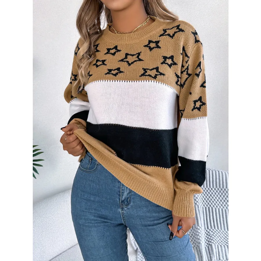 Star Contrast Round Neck Sweater