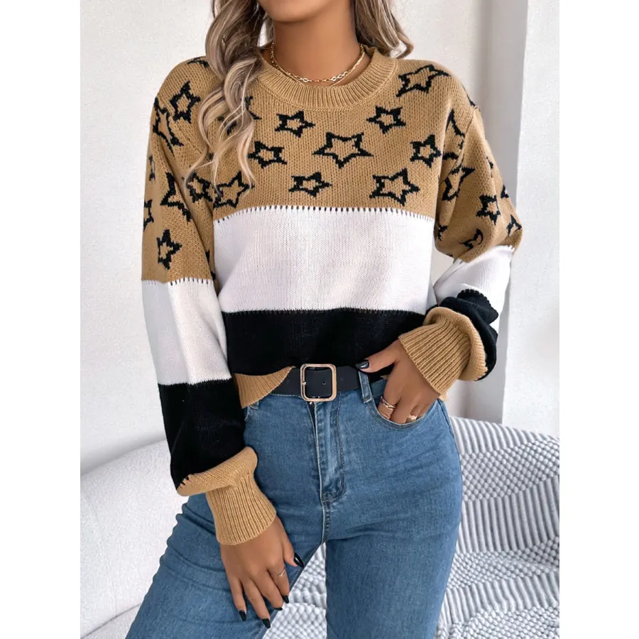 Star Contrast Round Neck Sweater