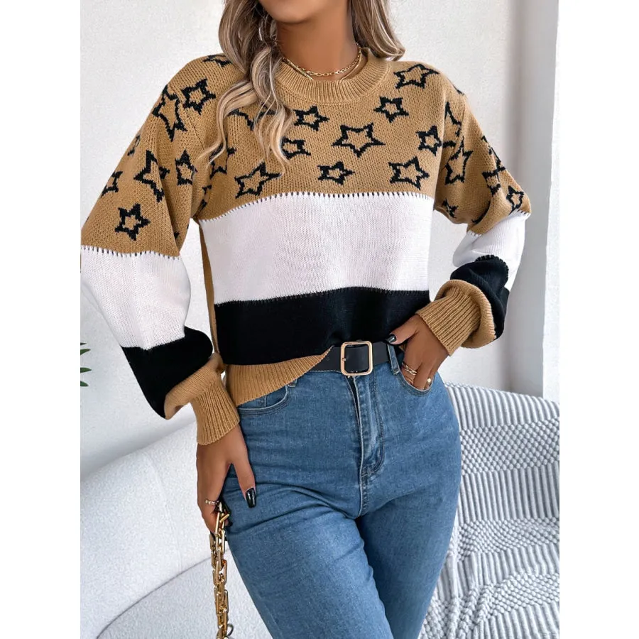 Star Contrast Round Neck Sweater