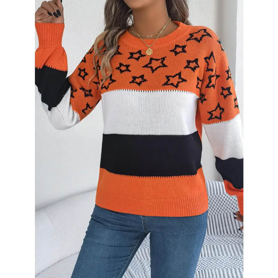 Star Contrast Round Neck Sweater