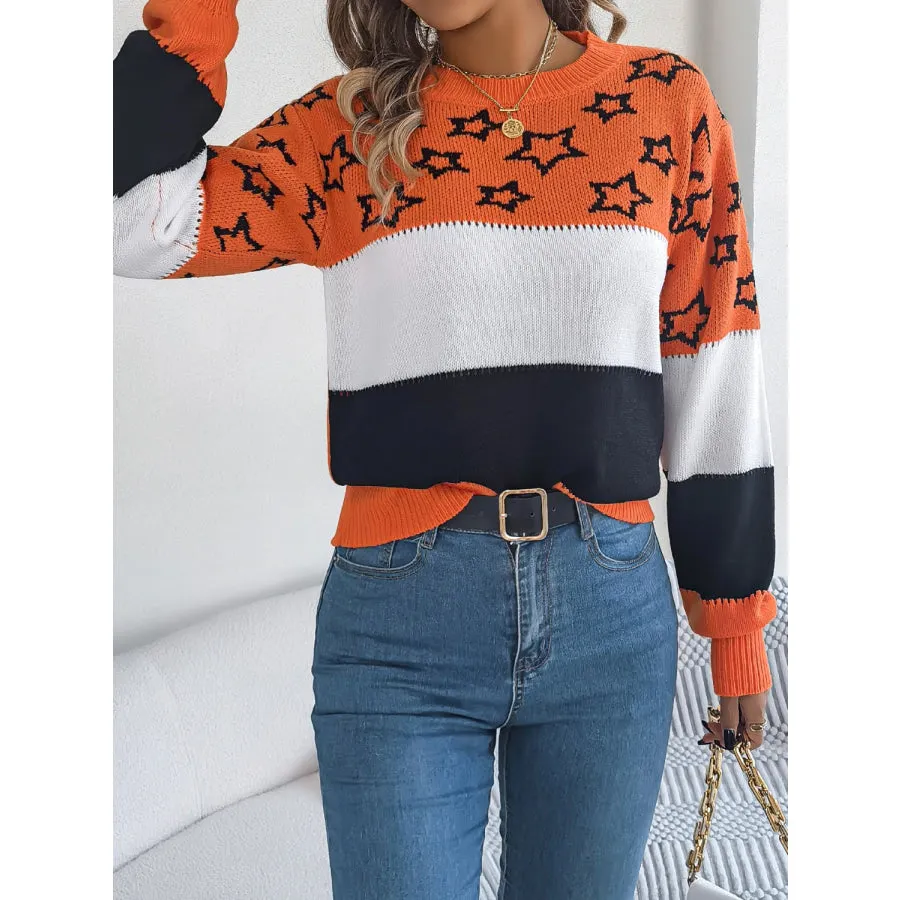 Star Contrast Round Neck Sweater