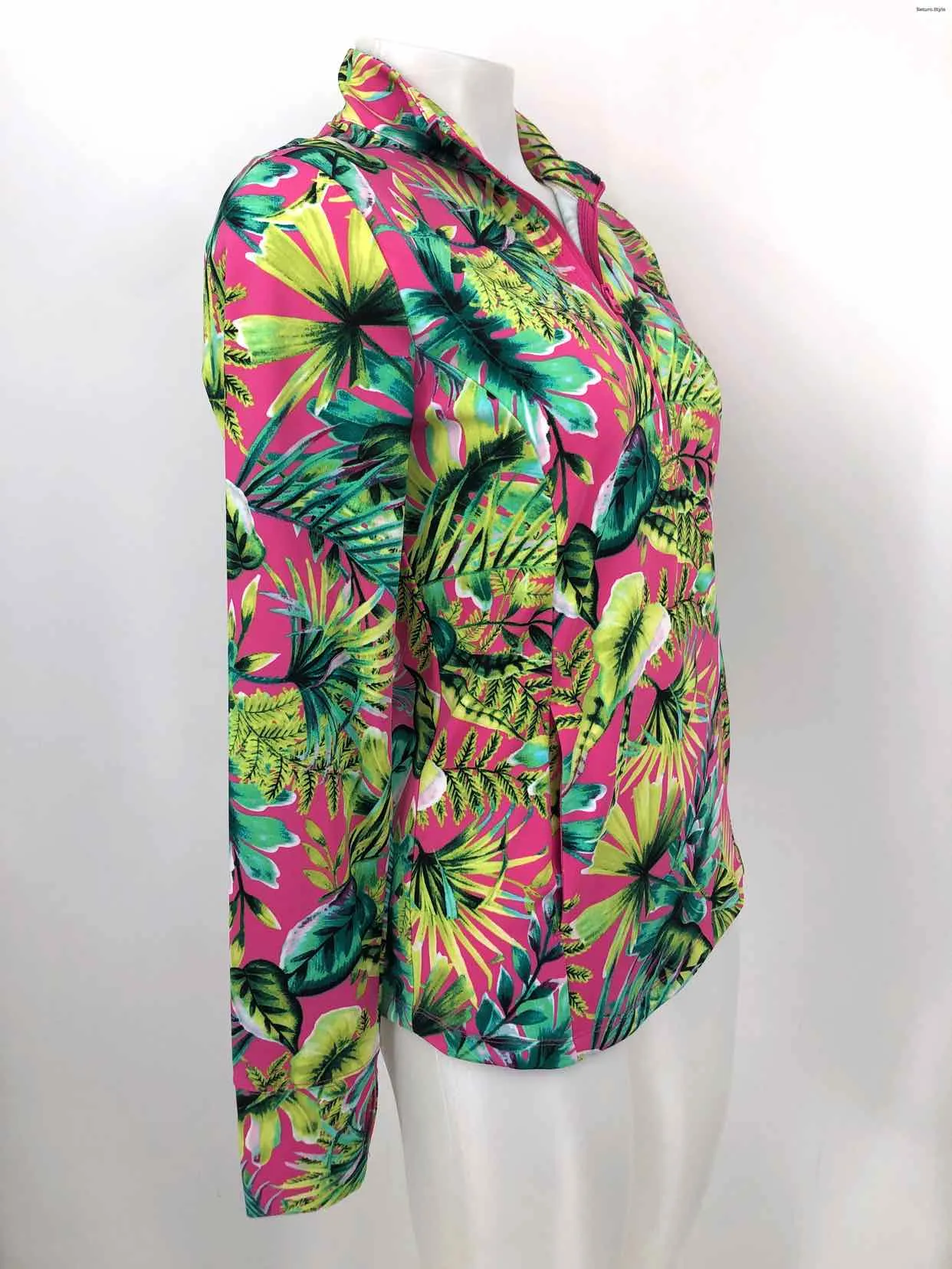 Tommy Bahama Pink Yellow Multi Leaves Zip Front Small Activewear Jacket