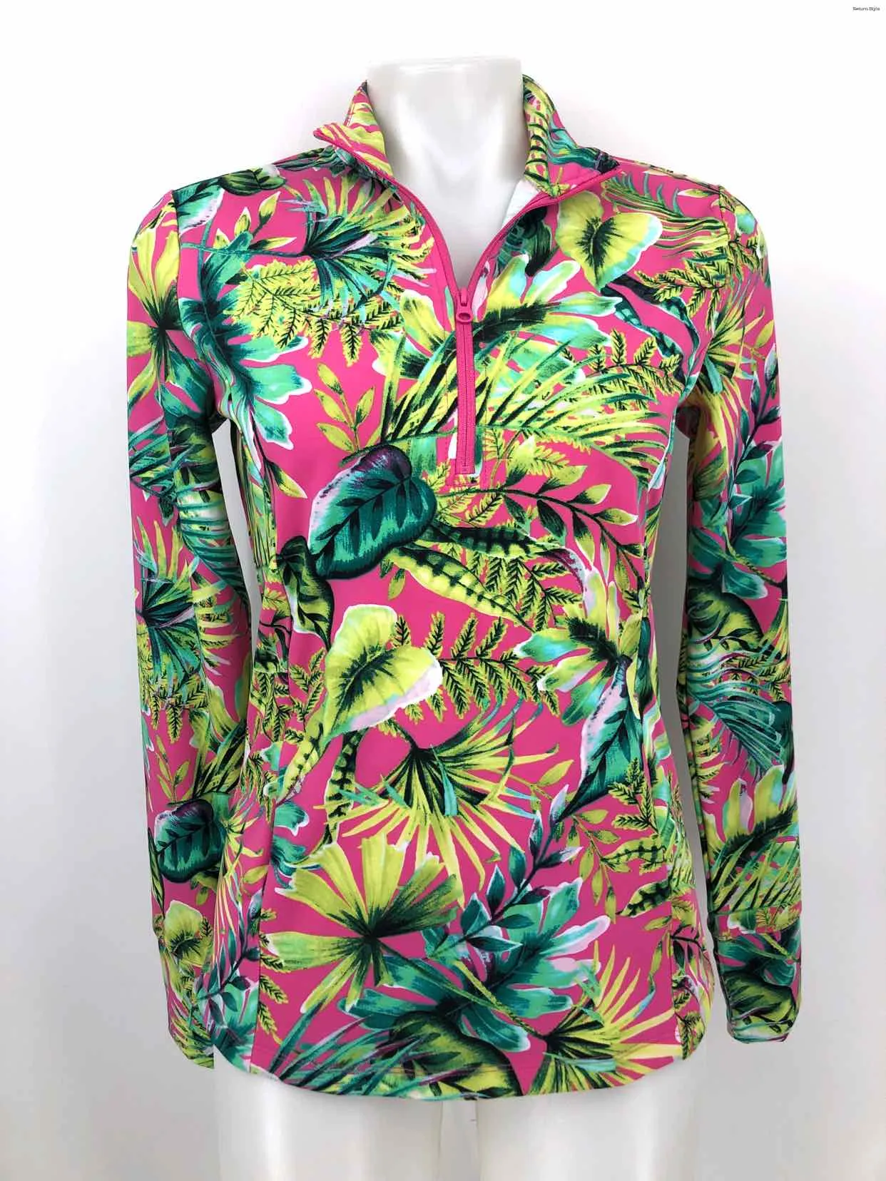 Tommy Bahama Pink Yellow Multi Leaves Zip Front Small Activewear Jacket