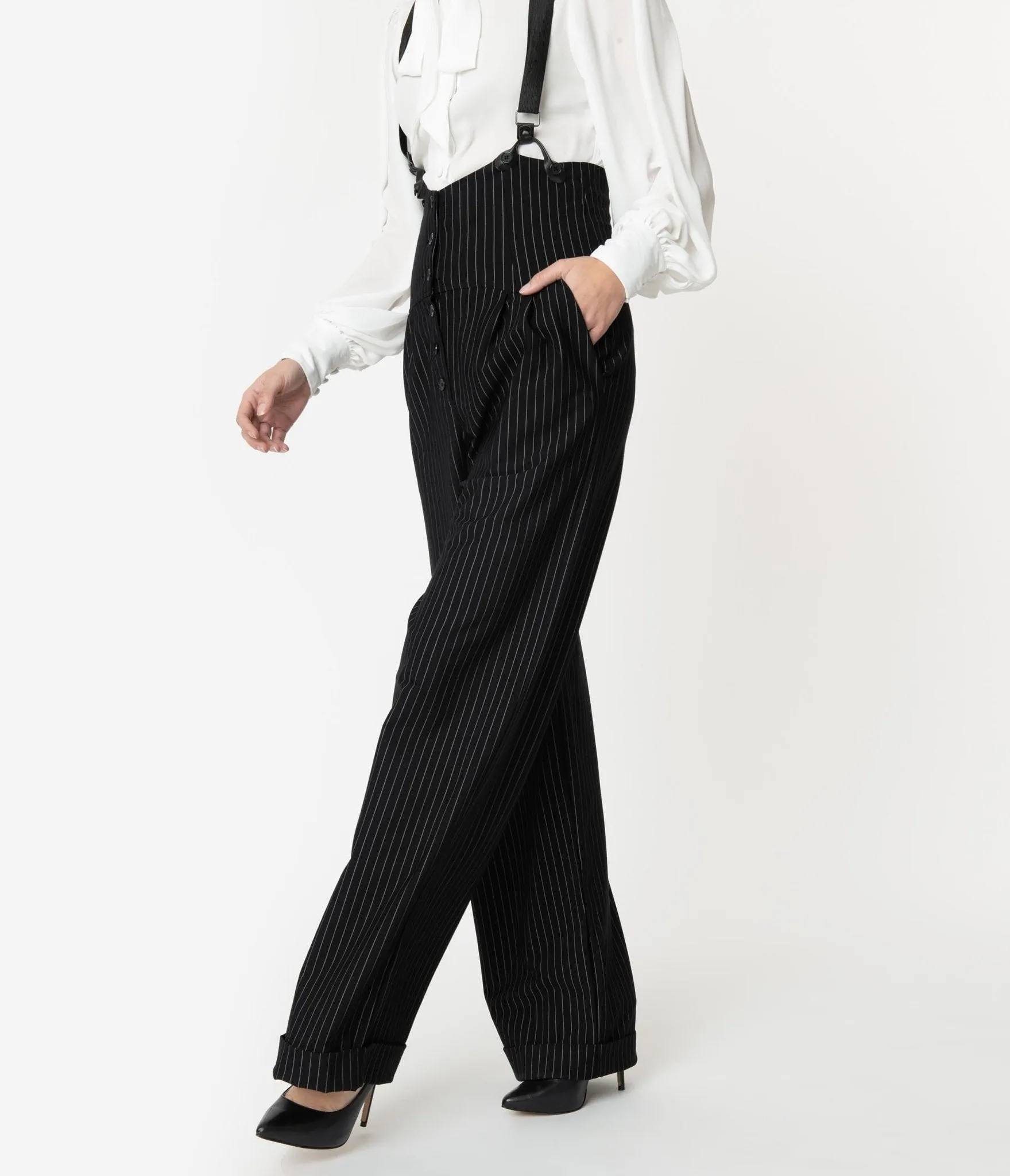 Vintage 1930s Black and White Pin Stripe Thelma Suspender Pants