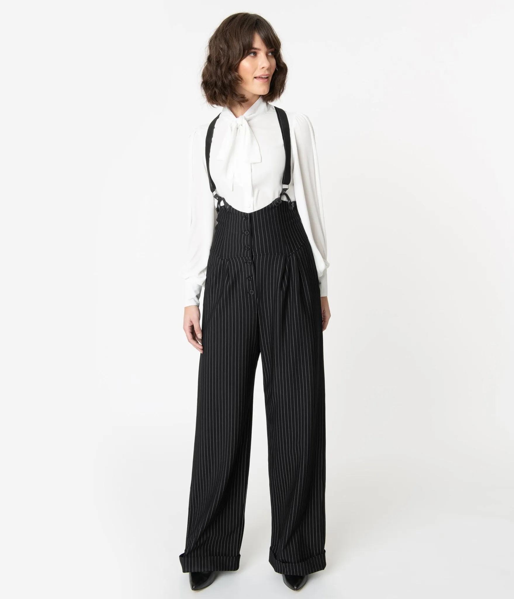 Vintage 1930s Black and White Pin Stripe Thelma Suspender Pants