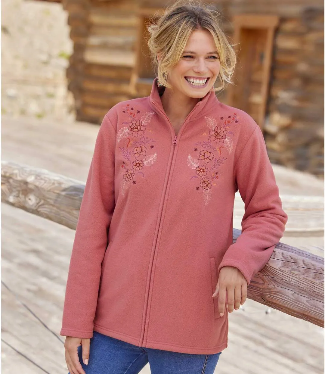 Women's Embroidered Fleece Jacket - Pink 