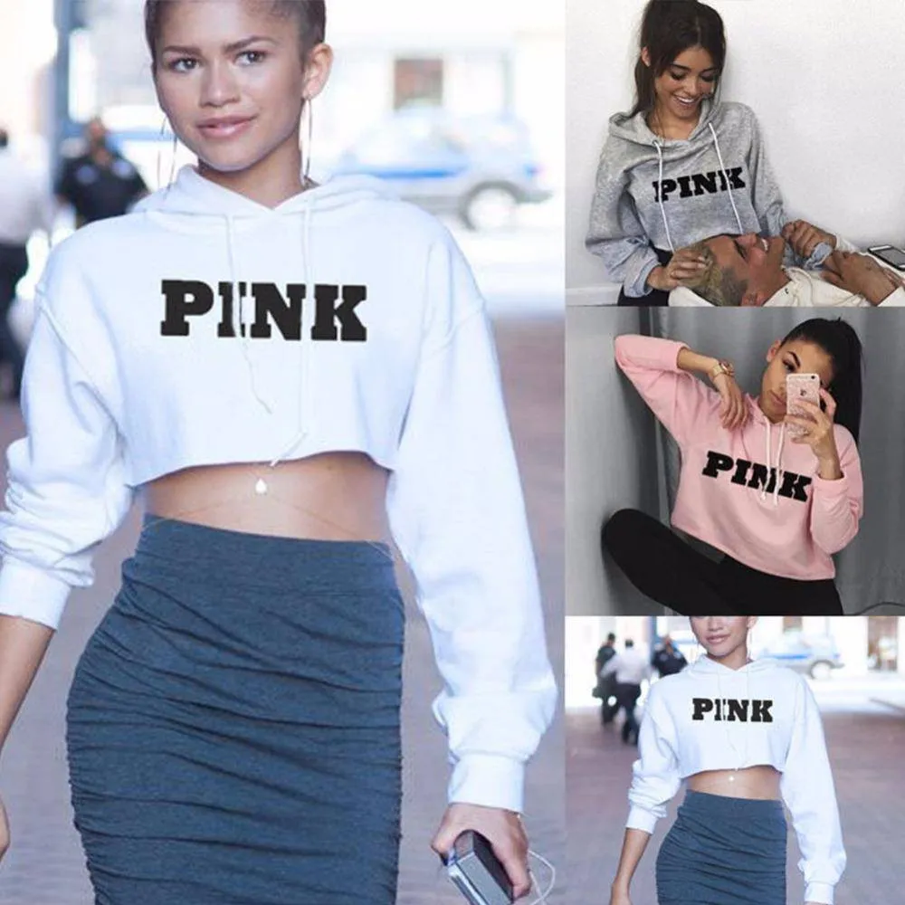 Women's Pink Cropped Hoodie Sweatshirt