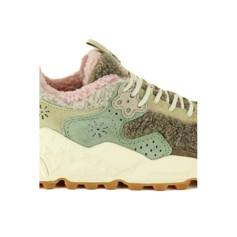 Women's suede and teddy fabric sneakers, beige.