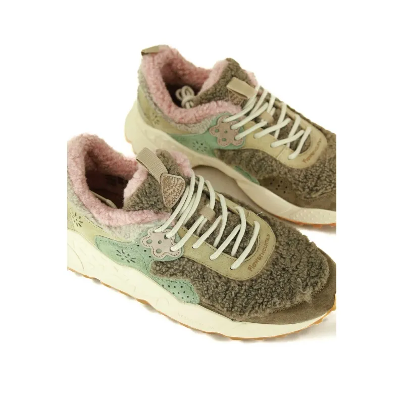 Women's suede and teddy fabric sneakers, beige.